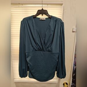 Grace Karin Deep Teal Long Sleeve V-Neck Blouse